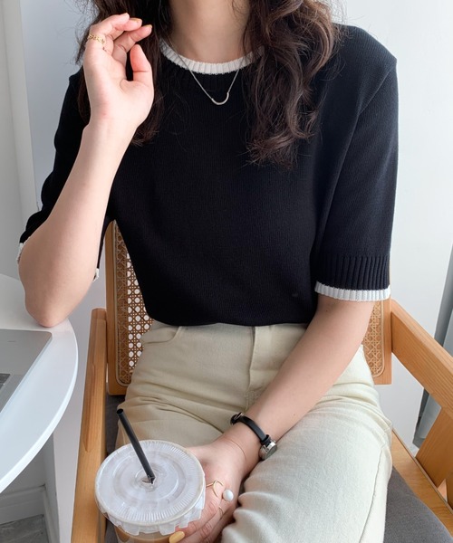 Diosfront（ディオスフロント）の「配色半袖ニットトップス（Tシャツ/カットソー・レディース・ホワイト/ブラック/サックスブルー/ピンク/ベージュ/マスタード/アイボリー/ブルーグレー・FREE）」の17枚目の写真