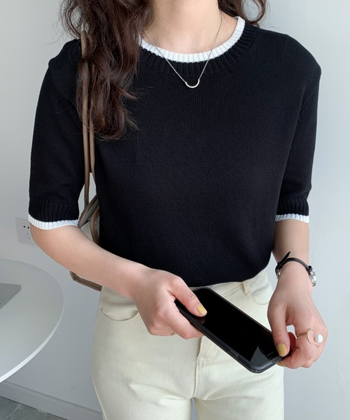 Diosfront（ディオスフロント）の「配色半袖ニットトップス（Tシャツ/カットソー・レディース・ホワイト/ブラック/サックスブルー/ピンク/ベージュ/マスタード/アイボリー/ブルーグレー・FREE）」の18枚目の写真
