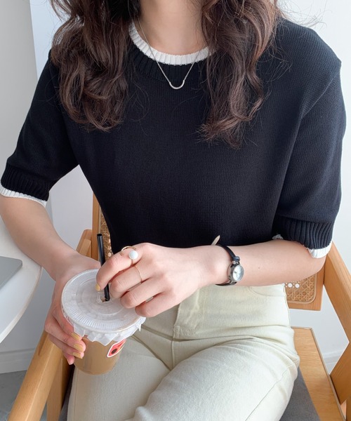 Diosfront（ディオスフロント）の「配色半袖ニットトップス（Tシャツ/カットソー・レディース・ホワイト/ブラック/サックスブルー/ピンク/ベージュ/マスタード/アイボリー/ブルーグレー・FREE）」の20枚目の写真