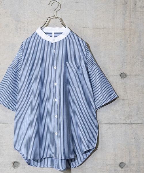 JOHN'S CLOSET(ジョンズクローゼット)の「【i】ブロードストライプバンドカラーシャツ 半袖(シャツ/ブラウス・メンズ・ブラック/ネイビー/グレー/グリーン・MEDIUM/LARGE/X-LARGE)」の4枚目の写真