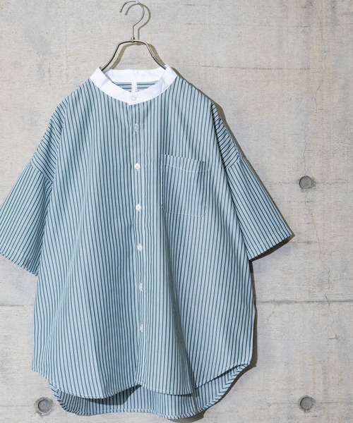 JOHN'S CLOSET(ジョンズクローゼット)の「【i】ブロードストライプバンドカラーシャツ 半袖(シャツ/ブラウス・メンズ・ブラック/ネイビー/グレー/グリーン・MEDIUM/LARGE/X-LARGE)」の3枚目の写真