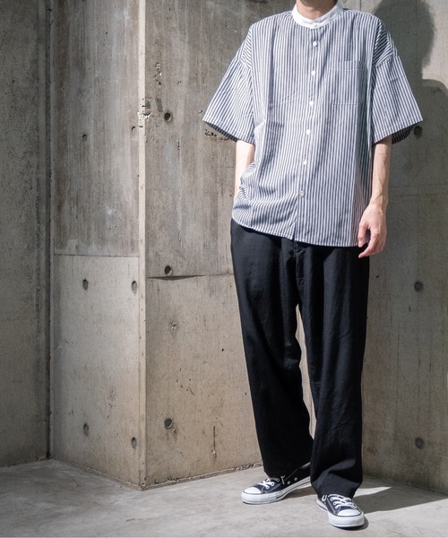 JOHN'S CLOSET(ジョンズクローゼット)の「【i】ブロードストライプバンドカラーシャツ 半袖(シャツ/ブラウス・メンズ・ブラック/ネイビー/グレー/グリーン・MEDIUM/LARGE/X-LARGE)」の7枚目の写真