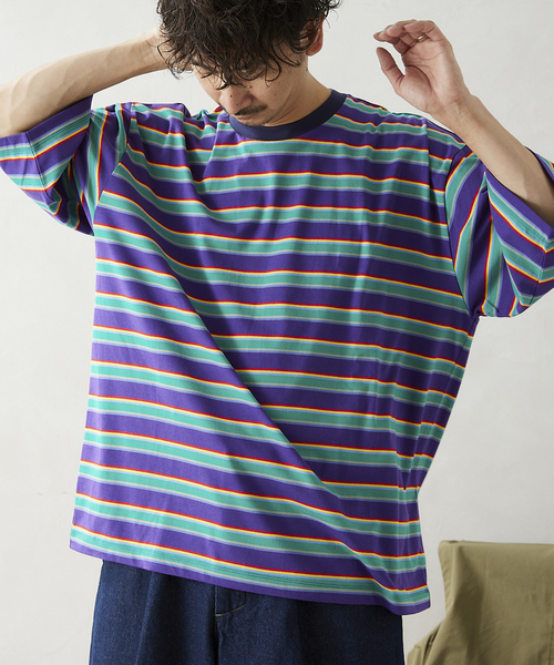 JOURNAL STANDARD relume（ジャーナルスタンダード　レリューム）の「【Allen A / アレンエー】別注 マルチボーダー半袖Tシャツ（Tシャツ/カットソー・メンズ・ライトグリーン/タン/パープル系その他/Yellow・MEDIUM/LARGE）」の3枚目の写真