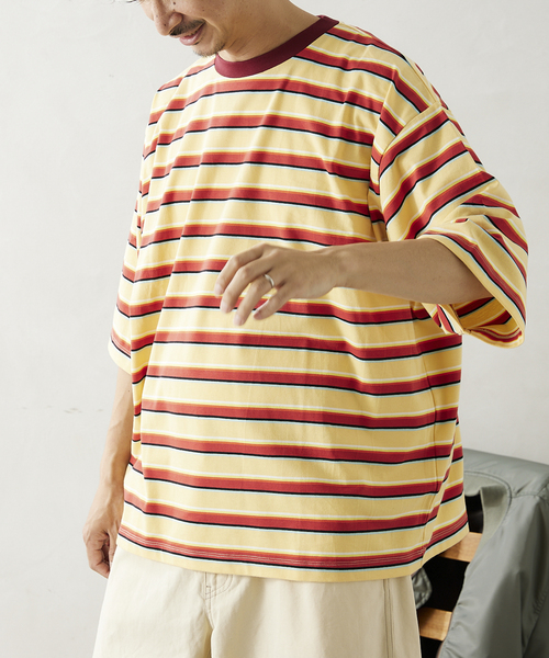 JOURNAL STANDARD relume（ジャーナルスタンダード　レリューム）の「【Allen A / アレンエー】別注 マルチボーダー半袖Tシャツ（Tシャツ/カットソー・メンズ・ライトグリーン/タン/パープル系その他/Yellow・MEDIUM/LARGE）」の6枚目の写真