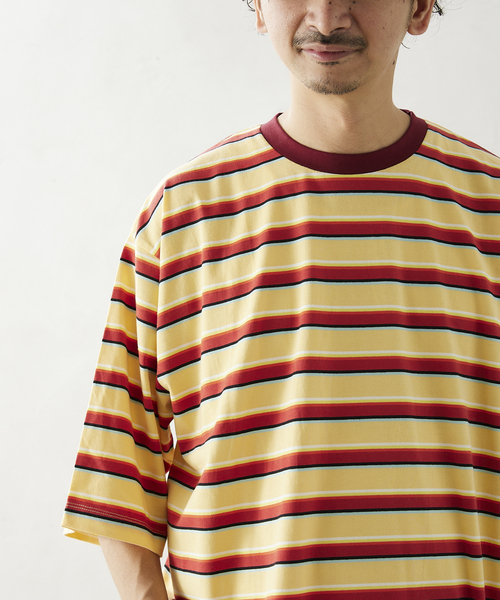 JOURNAL STANDARD relume（ジャーナルスタンダード　レリューム）の「【Allen A / アレンエー】別注 マルチボーダー半袖Tシャツ（Tシャツ/カットソー・メンズ・ライトグリーン/タン/パープル系その他/Yellow・MEDIUM/LARGE）」の7枚目の写真