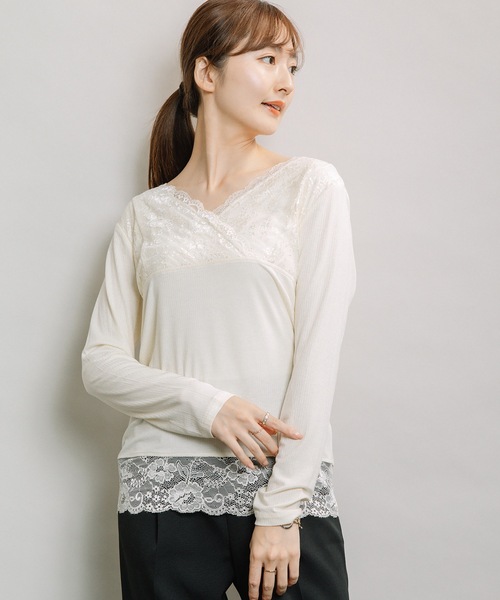 ELVENCE DEUX(エルベンスドゥ)の「テレコレースツカイVネック(Tシャツ/カットソー・レディース・ブラック/ベージュ/オフホワイト・MEDIUM/LARGE)」の16枚目の写真