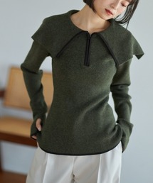 ビッグカラーハーフジップニット/origial half zip big collar knit セーラーカラー ビックカラー ミドル丈 プルオーバー サムホール アイボリー カーキ モカ ピンクブラウン