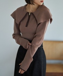 ビッグカラーハーフジップニット/origial half zip big collar knit セーラーカラー ビックカラー ミドル丈 プルオーバー サムホール アイボリー カーキ モカ ピンクブラウン