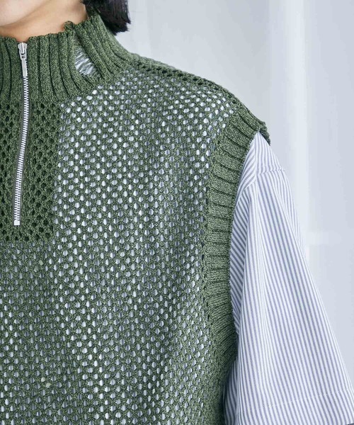 PUBLIC TOKYO（パブリックトウキョウ）の「ハーフジップダメージニットベスト（ニット/セーター・メンズ・ブラック/ダークグリーン・FREE）」の8枚目の写真