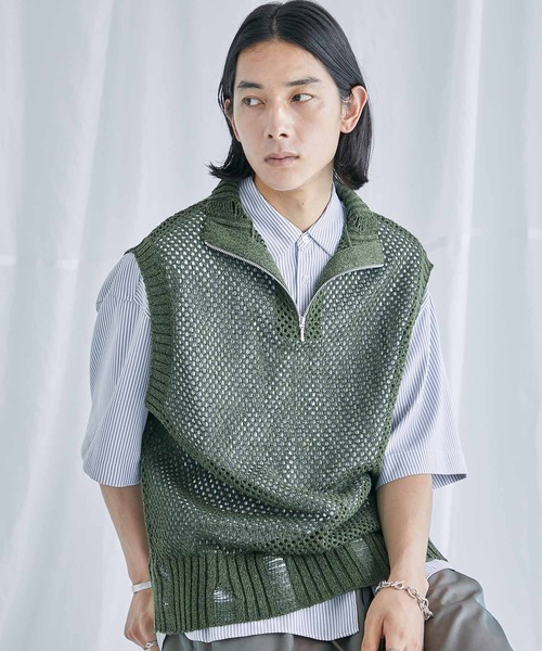 PUBLIC TOKYO（パブリックトウキョウ）の「ハーフジップダメージニットベスト（ニット/セーター・メンズ・ブラック/ダークグリーン・FREE）」の13枚目の写真