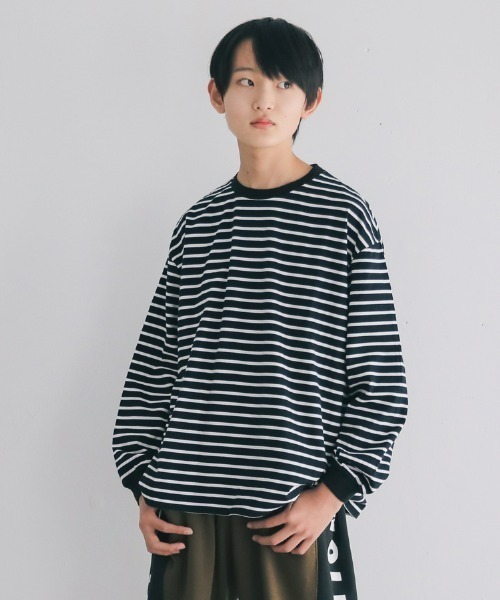jeans-b（ジーンズベー）の「Jeans-b/ジーンズベー ボーダーワイドロングＴシャツ（Tシャツ/カットソー・キッズ・ブラック/オフホワイト・160cm/150cm/140cm/130cm）」の2枚目の写真