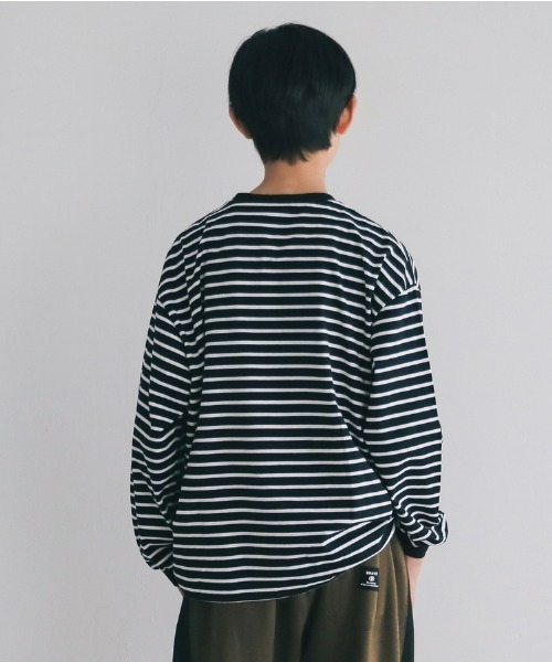 jeans-b（ジーンズベー）の「Jeans-b/ジーンズベー ボーダーワイドロングＴシャツ（Tシャツ/カットソー・キッズ・ブラック/オフホワイト・160cm/150cm/140cm/130cm）」の6枚目の写真