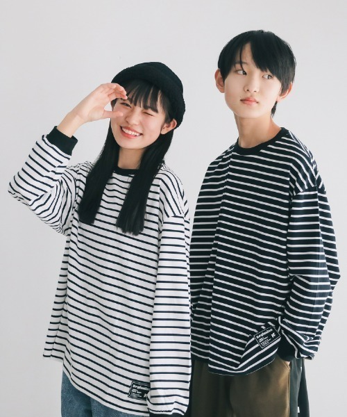 jeans-b（ジーンズベー）の「Jeans-b/ジーンズベー ボーダーワイドロングＴシャツ（Tシャツ/カットソー・キッズ・ブラック/オフホワイト・160cm/150cm/140cm/130cm）」の3枚目の写真