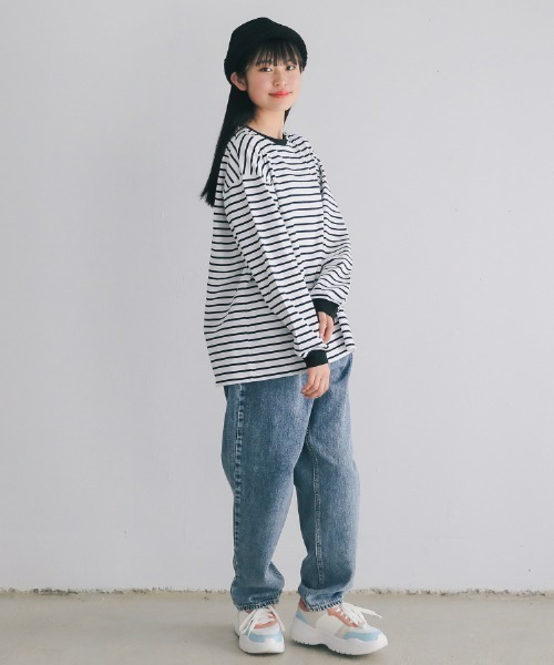 jeans-b（ジーンズベー）の「Jeans-b/ジーンズベー ボーダーワイドロングＴシャツ（Tシャツ/カットソー・キッズ・ブラック/オフホワイト・160cm/150cm/140cm/130cm）」の5枚目の写真