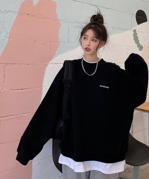 セール】レイヤード風ワンポイントロゴオーバーサイズスウェット セール】レイヤード風ワンポイントロゴオーバーサイズスウェット
