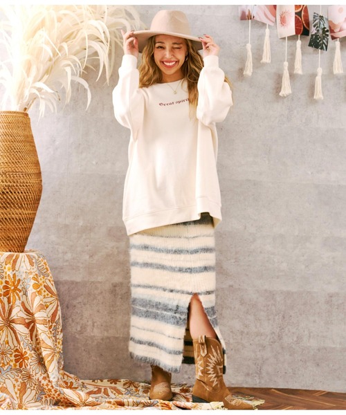 anap mimpi（アナップミンピ）の「スリット ボーダー 起毛 ニット スカート（スカート・レディース・ベージュ/ダークグレー・FREE）」の6枚目の写真