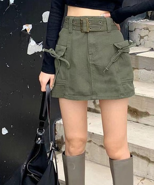 LYEON(リヨン)の「リボンカーゴミニスカート(スカート・レディース・カーキ/ブルー・FREE)」の9枚目の写真