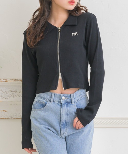 ems excite(エムズエキサイト)の「ダブルZIP刺繍CT(Tシャツ/カットソー・レディース・ブラック/ダークグレー/ナチュラル・FREE)」の1枚目の写真