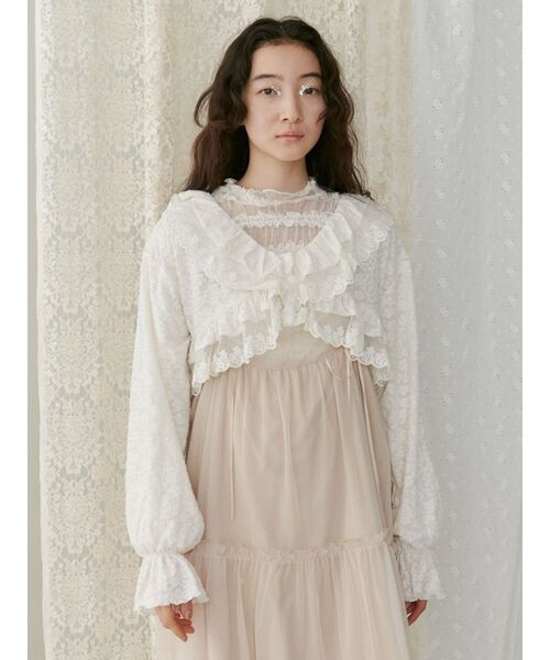 【メリージェニー】スカラップfrillボレロ/試着程度のみ美品/アイボリー/花柄 メリージェニー】スカラップfrillボレロ/試着程度のみ美品