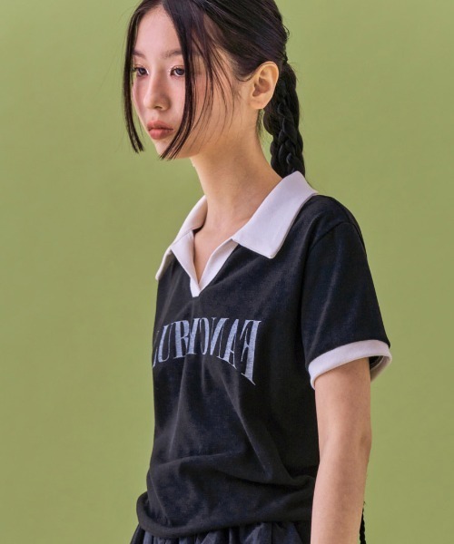 FANCY CLUB（ファンシークラブ）の「A'GEM/9 × .kom 『 FANCY CLUB/ファンシークラブ』 BLOCK V-NECK COLLAR JERSEY/カラージャージ（Tシャツ/カットソー・レディース・グレー/ブラック・FREE）」の6枚目の写真