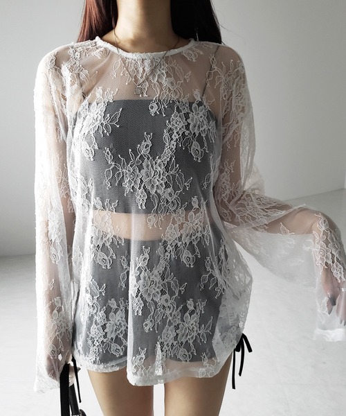 me+em select(ミームセレクト)の「【 2color 】ビッグシルエットシアーレーストップス / big silhouette sheer lace tops(Tシャツ/カットソー・レディース・ブラック/ホワイト・FREE)」の1枚目の写真