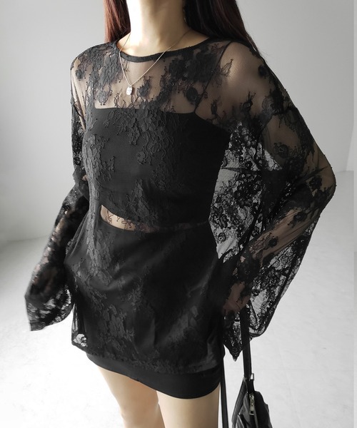 me+em select(ミームセレクト)の「【 2color 】ビッグシルエットシアーレーストップス / big silhouette sheer lace tops(Tシャツ/カットソー・レディース・ブラック/ホワイト・FREE)」の2枚目の写真