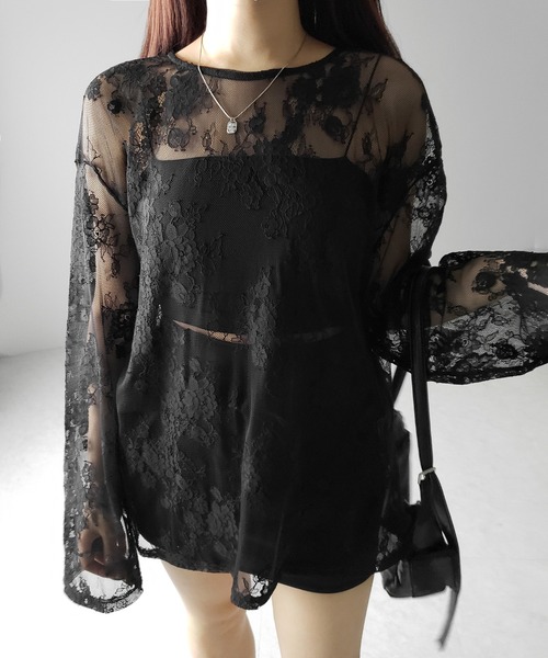 me+em select(ミームセレクト)の「【 2color 】ビッグシルエットシアーレーストップス / big silhouette sheer lace tops(Tシャツ/カットソー・レディース・ブラック/ホワイト・FREE)」の19枚目の写真