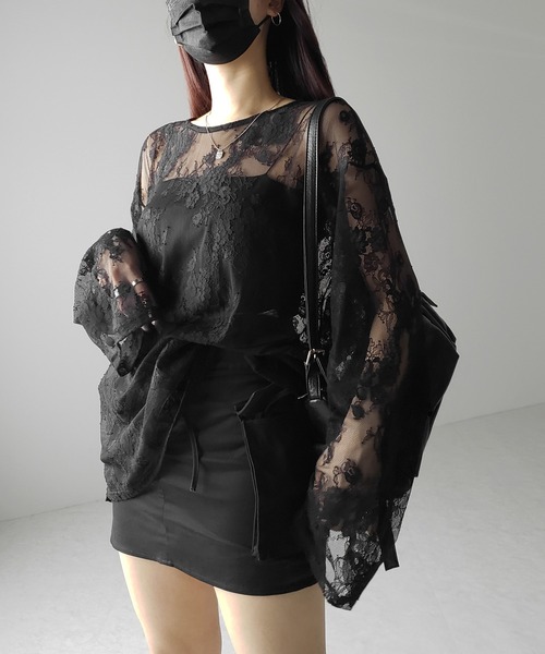 me+em select(ミームセレクト)の「【 2color 】ビッグシルエットシアーレーストップス / big silhouette sheer lace tops(Tシャツ/カットソー・レディース・ブラック/ホワイト・FREE)」の16枚目の写真
