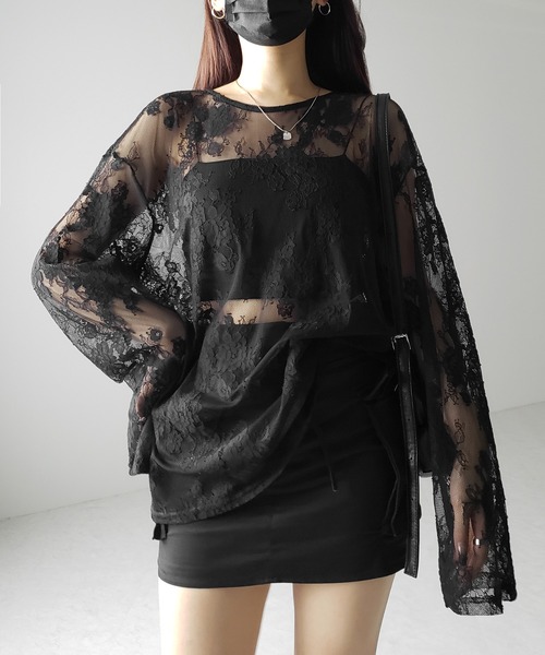 me+em select(ミームセレクト)の「【 2color 】ビッグシルエットシアーレーストップス / big silhouette sheer lace tops(Tシャツ/カットソー・レディース・ブラック/ホワイト・FREE)」の18枚目の写真