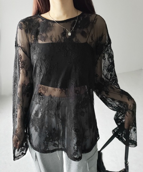 me+em select(ミームセレクト)の「【 2color 】ビッグシルエットシアーレーストップス / big silhouette sheer lace tops(Tシャツ/カットソー・レディース・ブラック/ホワイト・FREE)」の7枚目の写真