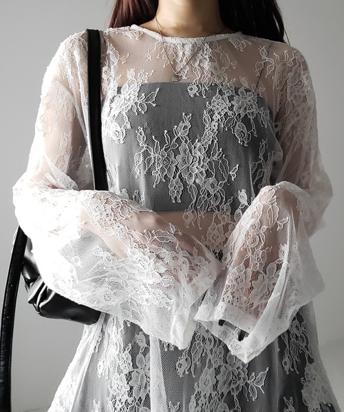 me+em select(ミームセレクト)の「【 2color 】ビッグシルエットシアーレーストップス / big silhouette sheer lace tops(Tシャツ/カットソー・レディース・ブラック/ホワイト・FREE)」の4枚目の写真