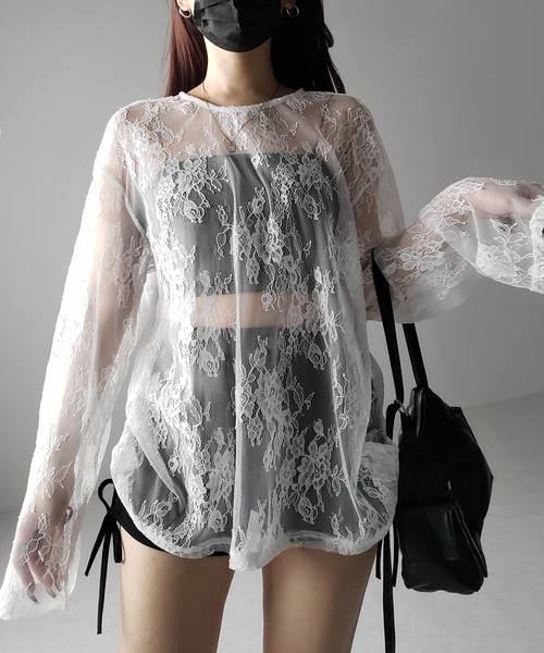 me+em select(ミームセレクト)の「【 2color 】ビッグシルエットシアーレーストップス / big silhouette sheer lace tops(Tシャツ/カットソー・レディース・ブラック/ホワイト・FREE)」の3枚目の写真