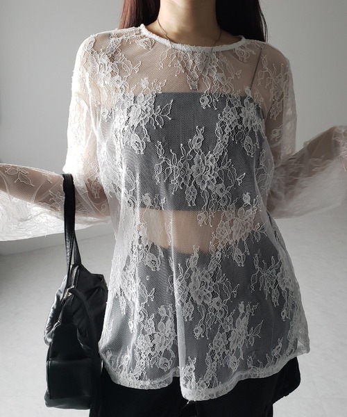 me+em select(ミームセレクト)の「【 2color 】ビッグシルエットシアーレーストップス / big silhouette sheer lace tops(Tシャツ/カットソー・レディース・ブラック/ホワイト・FREE)」の13枚目の写真