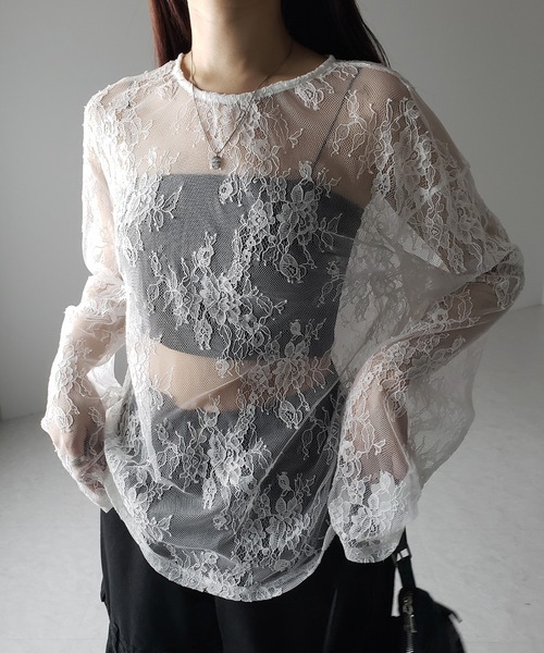 me+em select(ミームセレクト)の「【 2color 】ビッグシルエットシアーレーストップス / big silhouette sheer lace tops(Tシャツ/カットソー・レディース・ブラック/ホワイト・FREE)」の12枚目の写真