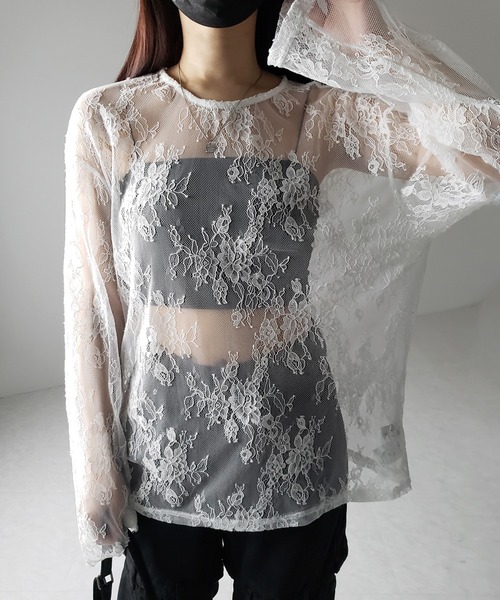 me+em select(ミームセレクト)の「【 2color 】ビッグシルエットシアーレーストップス / big silhouette sheer lace tops(Tシャツ/カットソー・レディース・ブラック/ホワイト・FREE)」の11枚目の写真