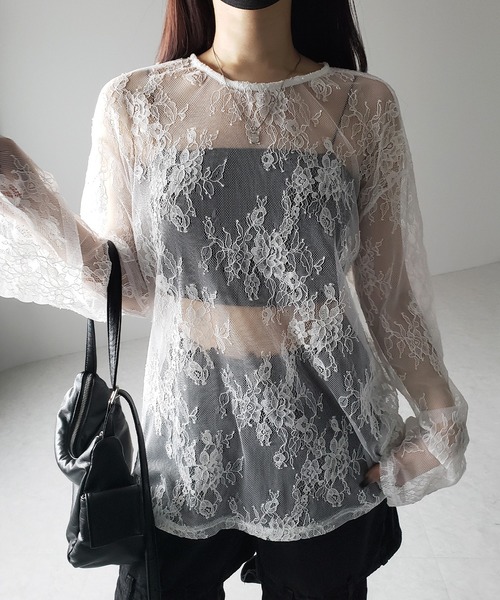 me+em select(ミームセレクト)の「【 2color 】ビッグシルエットシアーレーストップス / big silhouette sheer lace tops(Tシャツ/カットソー・レディース・ブラック/ホワイト・FREE)」の10枚目の写真
