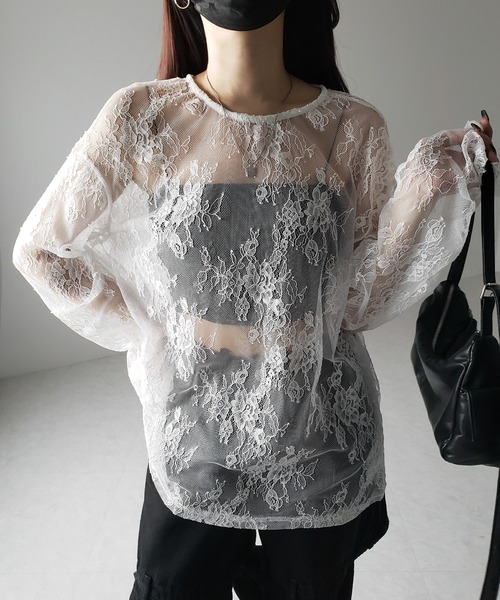 me+em select(ミームセレクト)の「【 2color 】ビッグシルエットシアーレーストップス / big silhouette sheer lace tops(Tシャツ/カットソー・レディース・ブラック/ホワイト・FREE)」の9枚目の写真