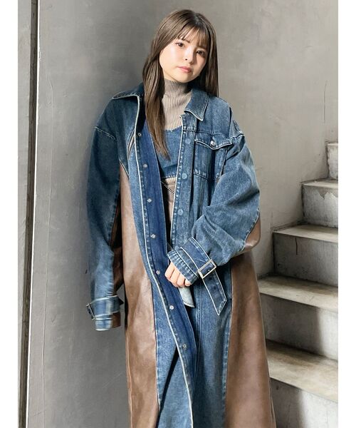【YUKKO】フェイクレザーパターンロングデニムコート ブラック MURUA（ムルーア）の「【YUKKO】フェイクレザーパターンロング