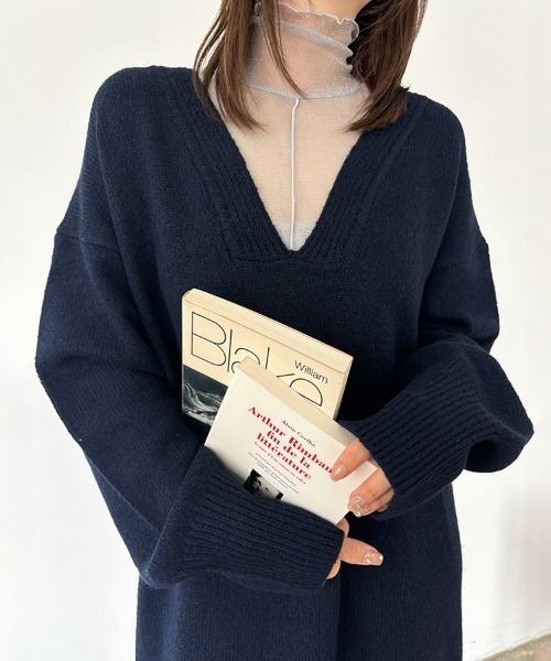 Doux Belle(ドゥーベル)の「天竺編みVネックニットロングワンピース(ワンピース・レディース・ピンク/グレイッシュベージュ/チャコール/ネイビー/ベージュ・FREE)」の11枚目の写真
