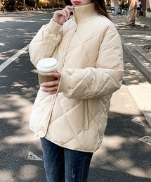 スタンドカラーキルティング中綿コート リブハイネック ブルゾン ひし形キルト中綿コート 大人カジュアルにキマル
