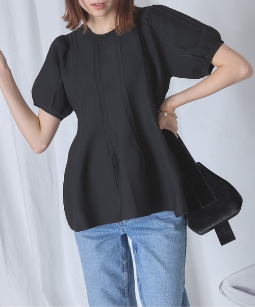 each(イーチ)の「半袖パフスリーブペプラムスポンディッシュニット(ニット/セーター・レディース・ブラック/アイボリー・FREE)」の14枚目の写真