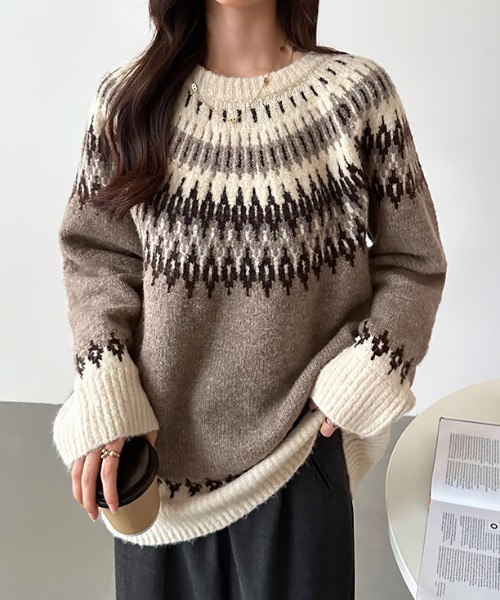 【セール】ノルデック柄ニット オーバーサイズ クルーネック セーター（ニット/セーター）｜COCOMOMO（ココモモ）