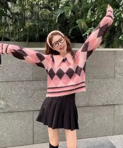 セール】アーガイル柄襟付きニットトップス（ニット/セーター