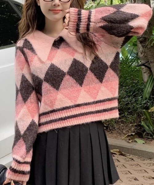♡購入者さま♡芽風ウールトップス セール】アーガイル柄襟付きニットトップス（ニット/セーター