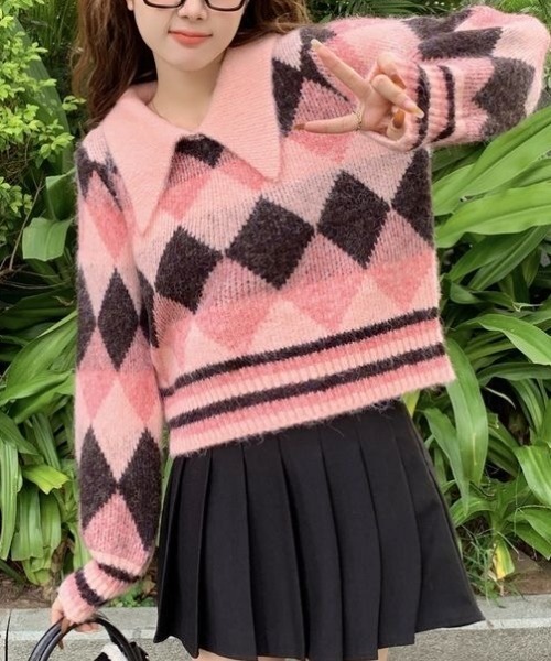 セール】アーガイル柄襟付きニットトップス（ニット/セーター