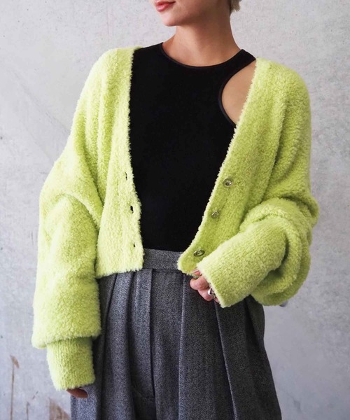 THINGS THAT MATTER（シングス ザット マター）の「SHEEPBOA CARDIGAN / シープボアカーディガン（カーディガン/ボレロ・レディース・チャコールグレー/ピンク/ライム・FREE）」の20枚目の写真