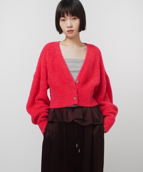 THINGS THAT MATTER（シングス ザット マター）の「SHEEPBOA CARDIGAN / シープボアカーディガン（カーディガン/ボレロ・レディース・チャコールグレー/ピンク/ライム・FREE）」の4枚目の写真