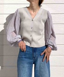 袖プリーツシフォンニットカーディガン