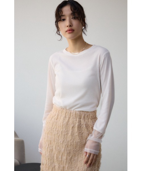 AZUL by moussy（アズールバイマウジー）の「ソデレーステレコトップス（Tシャツ/カットソー・レディース・オフホワイト/ブラック/ライム・FREE）」の5枚目の写真