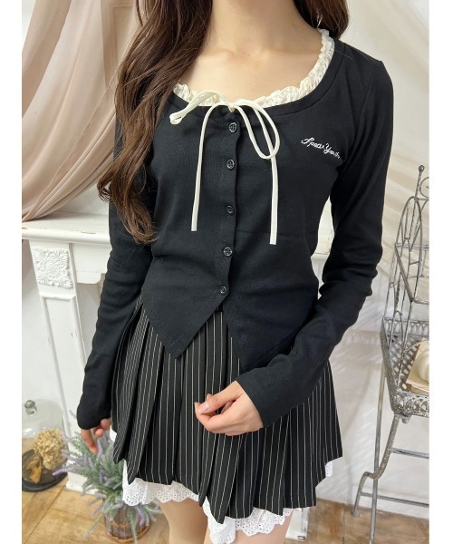 PHILLY（フィリー）の「【PHILLY】フリルネックリボンカーディガン（カーディガン/ボレロ・レディース・グレー/ブラック・FREE）」の2枚目の写真